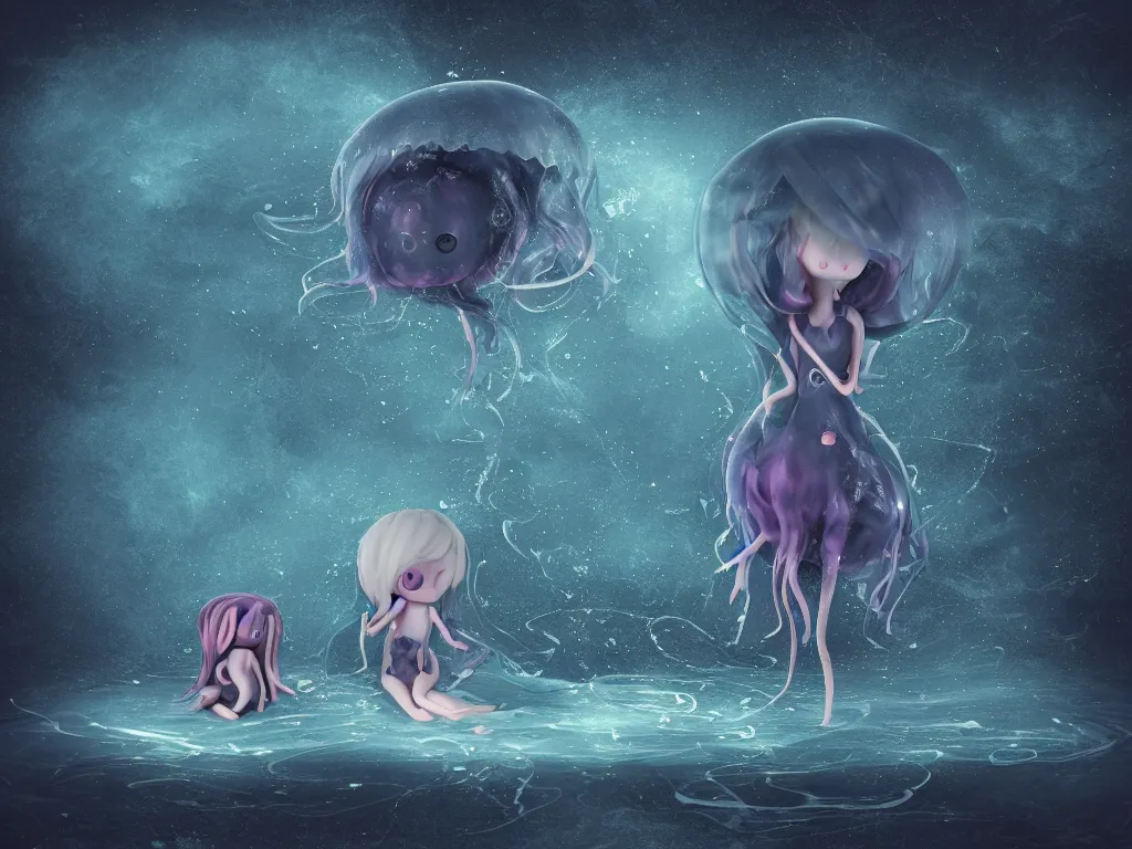 Image similar to cute fumo plush gothic jellyfish maiden alien girl swimming in the waves of the dark galactic abyss, tattered ragged gothic dress, ocean waves and reflective splashing water, vignette, vray