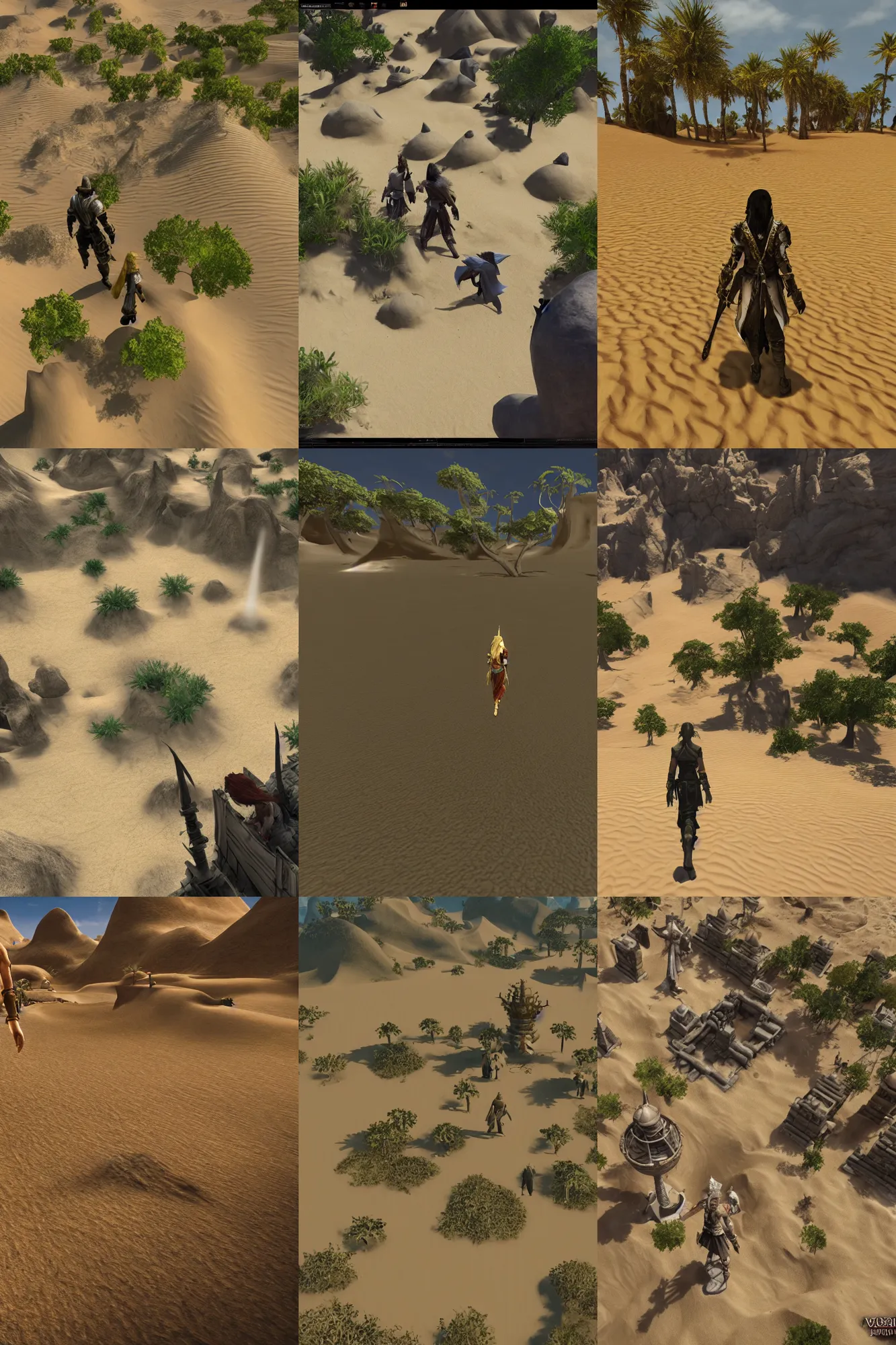 Prompt: gameplay walkthrough 3 rd person adventure game isolated small inhabited religious warrior village with pale colored spiritual sacred alien architecture in the lush oasis of a vast flat empty sand desert with dunes, screenshot, final fantasy, square enix, jrpg, unreal engine