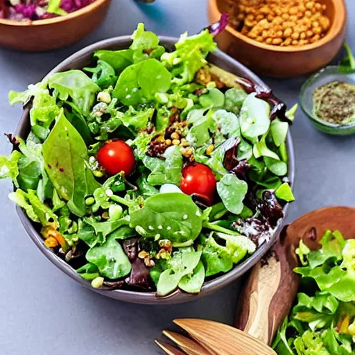 Prompt: A bowl of salad made out of tiny bowls