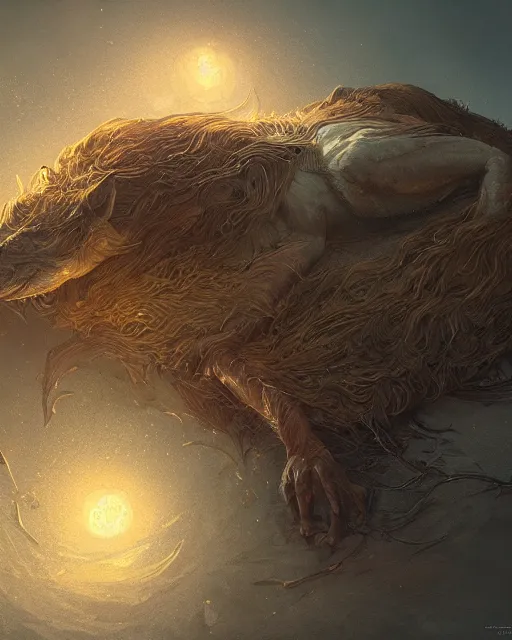 Image similar to A golden hulong sleeping, highly detailed, full body, fantasy art, monster art, in the style of greg rutkowski, illustration, epic, fantasy, intricate, hyper detailed, artstation, concept art, smooth, sharp focus, ray tracing