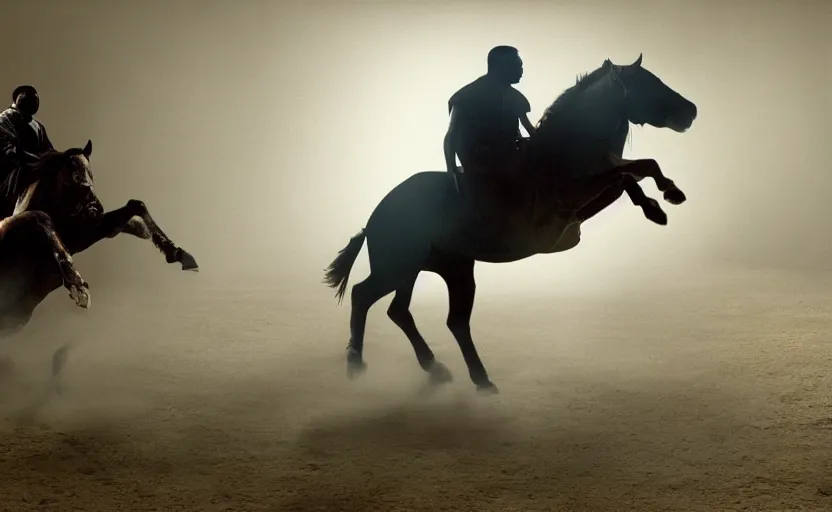 Prompt: found footage of kanye west riding a horse to heaven, in liminal space, cyberpunk, film grain, dark lighting, realistic, photgraph, silent hill style, detailed cinematic lighting