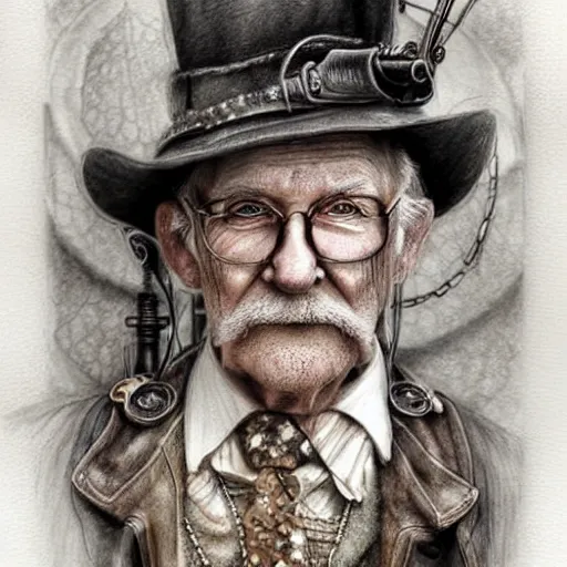 Image similar to hyper realistic full figure pencil drawing of an older man steampunk, water color, detailed, rim light, diffused, intricate, by anna dittmann,