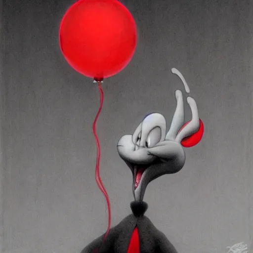 Prompt: scribble of bugs bunny with a wide smile and a red balloon by Zdzisław Beksiński, loony toons style, pennywise style, corpse bride style, creepy lighting, horror theme, detailed, elegant, intricate, conceptual, volumetric light