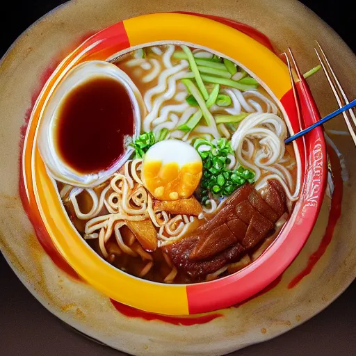 Image similar to mcdonald's style ramen. photography. food photoshoot. advertisment photography. 4 k. realistic.