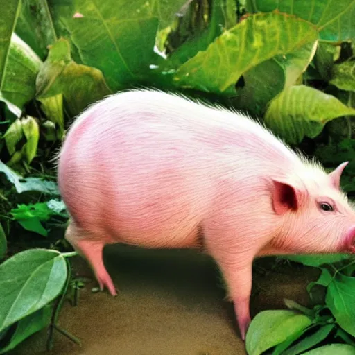 Prompt: a newly discovered animal that is part hog and part pear, green skin, pig nose, cute, nature photography