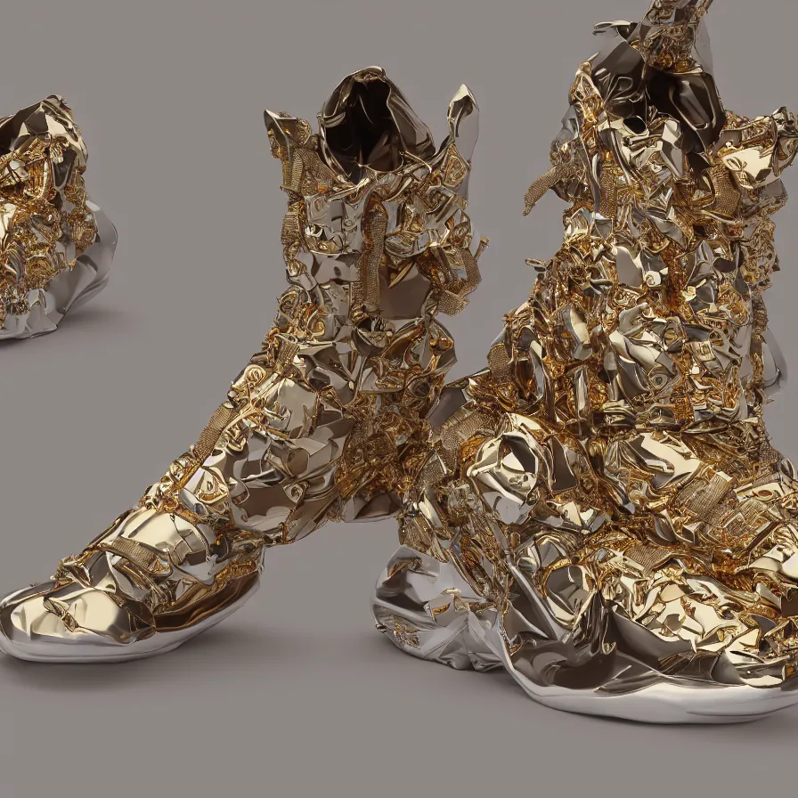 Image similar to futuristic balenciaga sneakers, nft art, highly detailed, hyper realistic, a ton of bussdown iced gold bling in wallace & gromit strata - cut claymation, ultra realistic, concept art, intricate details, serious, highly detailed, photorealistic, octane render, 8 k, unreal engine