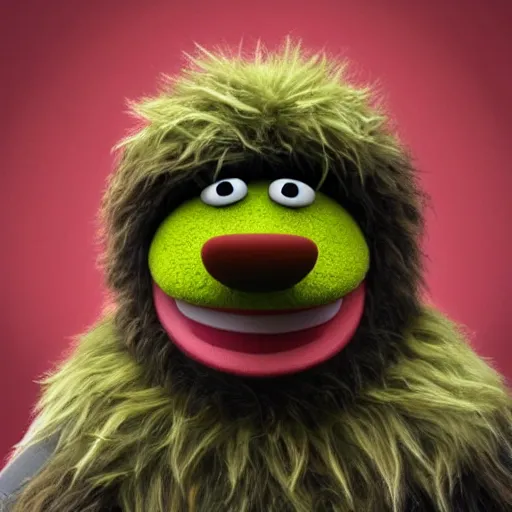 Image similar to a still of a forgotten muppet character looking very manly and modern, hilarious, laughing, hairy chest, huge chin, manly monster tough guy, roughled fur, photo real, photographic, photograph, artstation, trending, featured