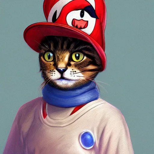 Image similar to Portrait of a Cat dressed as Super Mario, Mario hat, kawaii aesthetic, nintendo, highly detailed, digital painting, artstation, concept art, smooth, sharp focus, illustration, art by artgerm and greg rutkowski and alphonse mucha