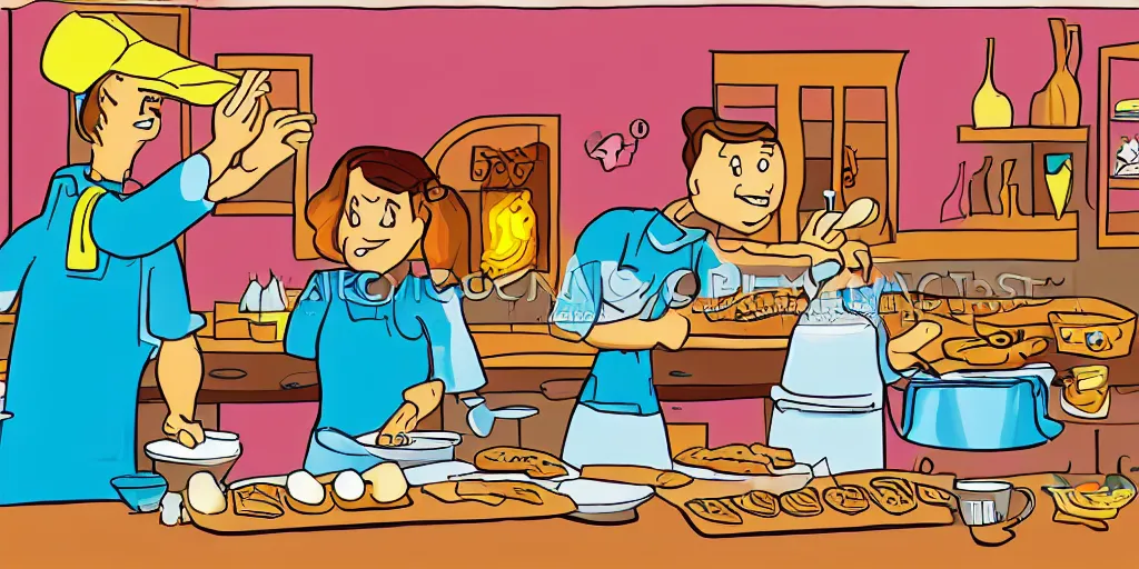Prompt: A couple baking waffles, cartoon