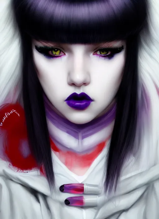 Image similar to portrait of white teenage girl, normal face, white bangs, mall goth, cyberlox, black and white hair, bangs, fluffy bangs, red contact lenses, purple lipstick, intricate, elegant, highly detailed, digital painting, artstation, concept art, sharp focus, smooth, illustration, art by wlop, mars ravelo and greg rutkowski