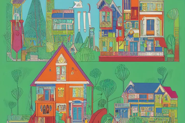 Image similar to a colorful 2 d illustration of a cross section of a house, a storybook illustration by muti and tim biskup, featured on dribble, arts and crafts movement, behance hd, storybook illustration, dynamic composition