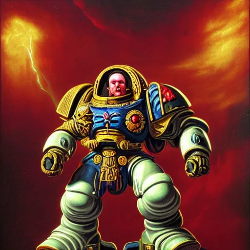 Prompt: baroque rococo painting portrait of space-marine warhammer 40k by Greg hildebrandt elaborate fancy