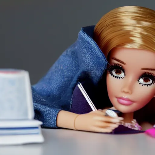 Prompt: a barbie doll with an exhausted!!!! expression sits at a desk in her home. the desk is overflowing with several large stacks of paper. her head is resting on her hand, photorealistic,