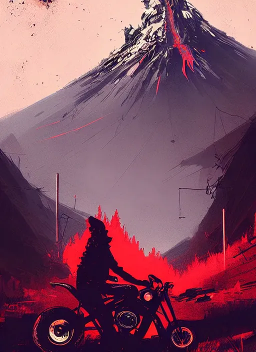 Prompt: horror art, motorbiker from hell, red volcano peaks in the background, art by ismail inceoglu