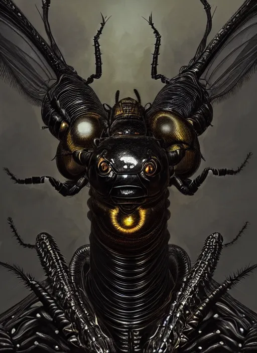 Prompt: portrait of a locust god, a gigantic black insect on a throne, intricate, elegant, glowing lights, highly detailed, digital painting, artstation, concept art, smooth, sharp focus, art by wlop, mars ravelo and greg rutkowski