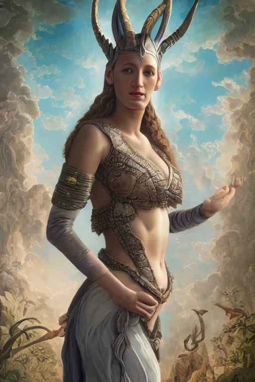 Image similar to A fantasy book style portrait painting of a hybrid, Blake Lively , Anya_Taylor-Joy, Cory Chase, as a Mystical Valkyrie, Anubis-Reptilian, Atlantean Warrior, François Boucher, Oil Painting, unreal 5, DAZ, hyperrealistic, octane render, Regal, Refined, Detailed Digital Art, RPG portrait, William-Adolphe Bouguereau, Michael Cheval, Walt Disney (1937), Steampunk, Volumetric Golden dappled dynamic lighting, Highly Detailed, Cinematic Lighting, Unreal Engine, 8k, HD