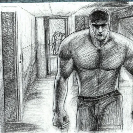 Prompt: pencil drawing of manhunt ps 2 game