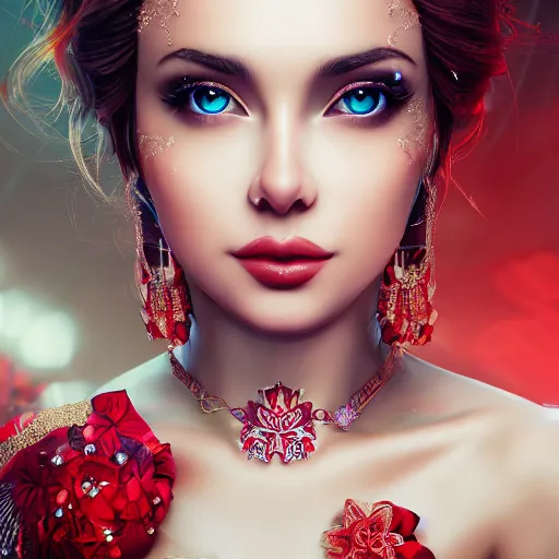 Image similar to wonderful princess with smooth fair skin, alluring eyes, red jewelry, breathtaking, elegant, intricate, hyper detailed, accent lighting, 4 k glamour photography, octane render