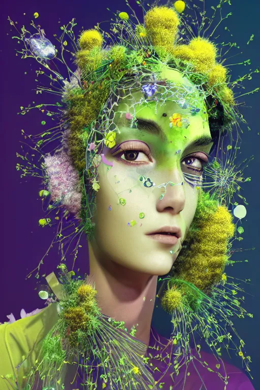 Prompt: nonbinary model, subject made glass, vine headdress, moss patches, 2 0 mm, with pastel yellow and green dodecahedrons bursting out, melting into lilligant, delicate, beautiful, intricate, houdini sidefx, by jeremy mann and ilya kuvshinov, jamie hewlett and ayami kojima, bold 3 d