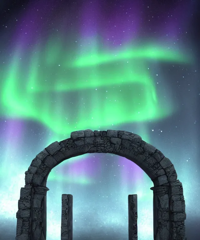 Image similar to portal to another dimension, stone archway, aurora borealis, mysticism, photorealistic, fog, symmetrical