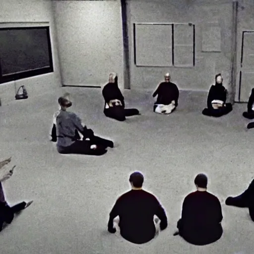 Image similar to found footage of the illuminate underground bunker ritual wide angle cult meeting