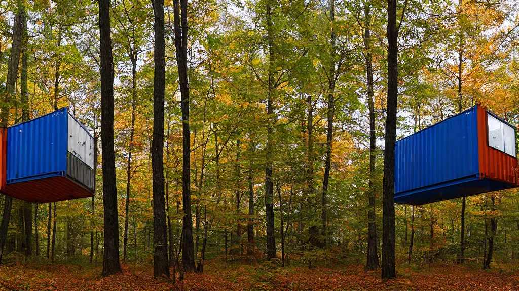 Image similar to modernist shipping container treehouses in william penn state forest, pennsylvania, usa, autumn