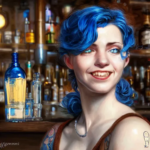 Image similar to an insanely detailed portrait of a smiling beautiful barmaid with short blue hair working at a rustic saloon, highly detailed features, sparkling blue eyes, long eyelashes, in the style of peter mohrbacher, artgerm, dramatic lighting and composition, octane render, trending on artstation, concept art 8 k