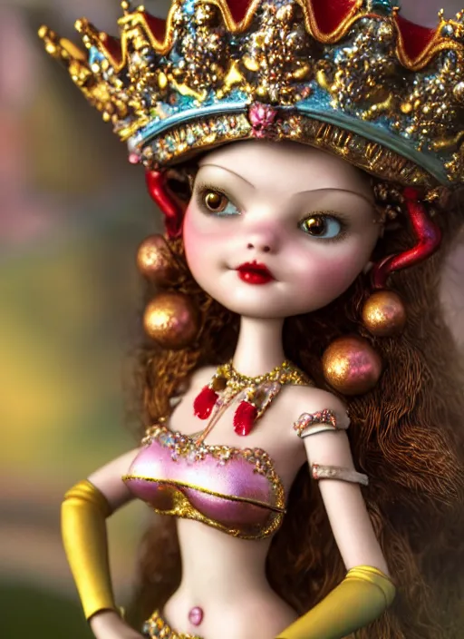 Image similar to highly detailed closeup, profile portrait of a tin toy fairytale princess wearing a crown, bikini, unreal engine, nicoletta ceccoli, mark ryden, earl norem, lostfish, global illumination, detailed and intricate environment