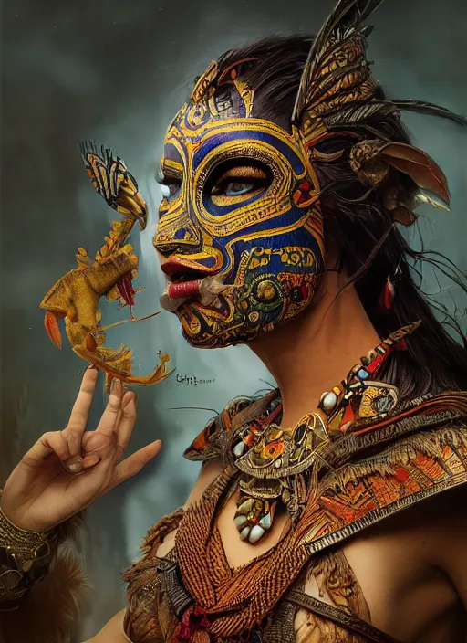 Prompt: a Photorealistic dramatic fantasy render of a beautiful woman wearing a beautiful detailed Aztec Insect shaman mask and intricate costume by WLOP,Artgerm,Greg Rutkowski,Alphonse Mucha, Beautiful dynamic dramatic dark moody lighting,shadows,cinematic atmosphere,Artstation,concept design art,Octane render,8K