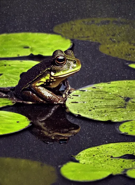 Image similar to dark clouds, close - up of a moody frog in the pond with water lilies, shallow depth of field, highly detailed, autumn, rain, bad weather, ominous, digital art, masterpiece, matte painting, sharp focus, matte painting, by isaac levitan, asher brown durand,