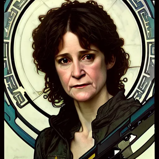 Prompt: full portrait of holly hunter as ellen ripley, fantasy, d & d, intricate, detailed, by by alphonse mucha, adolfo hohenstein, alice russell glenny, stanley artgerm lau, greg rutkowski, detailed, trending on artstation, trending on artstation, smooth