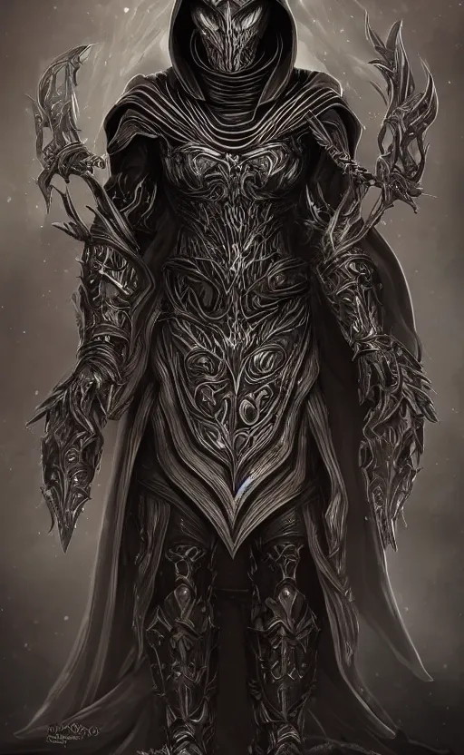 Image similar to character concept, beautiful warlock in armor, black hair, hooded cowl, intricate smooth patterns, cosmic armor, diablo splash art, cinematic lighting, hr giger style