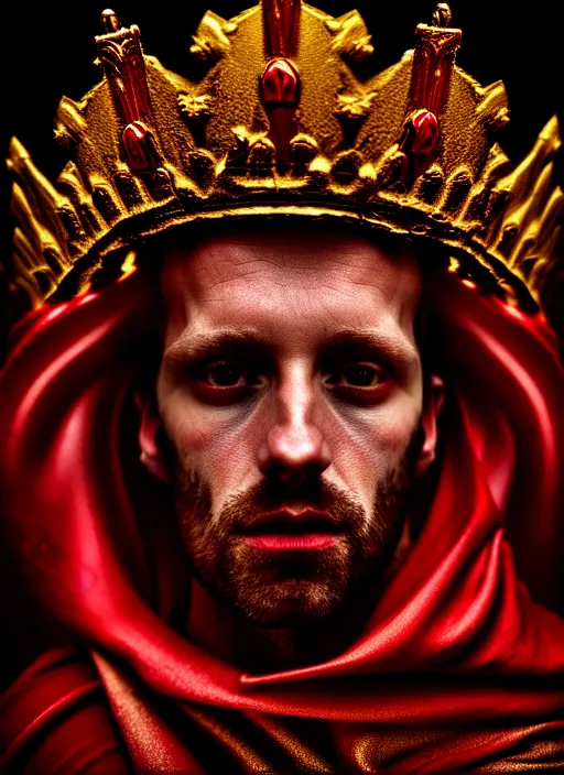 Image similar to 'Portrait of Crowned King Arthur' by Lee Jeffries royally decorated, whirling plasma, atmospheric motes, red and gold Sumptuous garb, gilt silk fabric, radiant colors, fantasy, perfect lighting, studio lit, micro details,