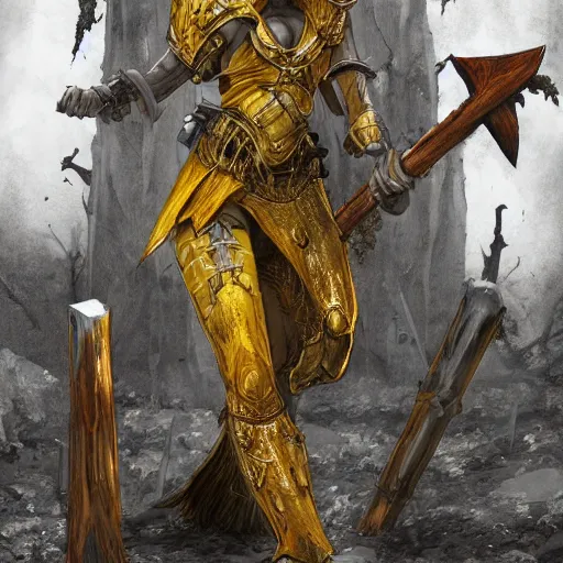 Image similar to Woman with yellow eyes wielding an axe inside a decaying ancient fantasy temple. She wears a rusty silver armor, trending on artstation, dark fantasy, concept art