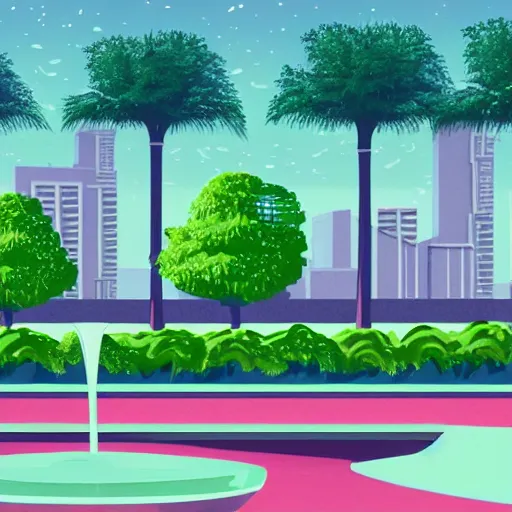 Image similar to art deco vaporwave illustration of a park with trees, benches, and a water feature, in a futuristic pastel city