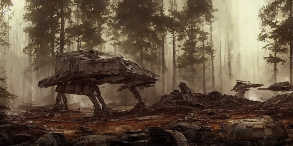 Prompt: a painting of a cinematic keyframe of star wars a destroyed at - at in a forest, heavy atmosphere, fire and smoke by greg rutkowski, rule of thirds, golden ratio, ambient lighting, wlop, artgerm, artstation, highly detailed masterpiece, dark fantasy art, high detail, trending on artstation