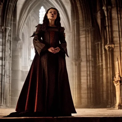 Prompt: emilia clarke as a vampire in a gloomy gothic cathedral at night