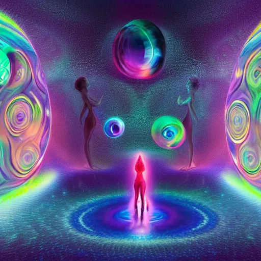 Prompt: black boys and girls playing with holograms and iridescent bubbles of light near the space gates of futuristic heaven, by Adi granov and afarin sajedi and amanda sage and evgeni gordiets and Agostino Arrivabene in a psychedelic portrait style, rendered in octane, volumetric lighting, digital illustration, fractal, extremely symmetrical!!, highly detailed faces, 8k, hd.