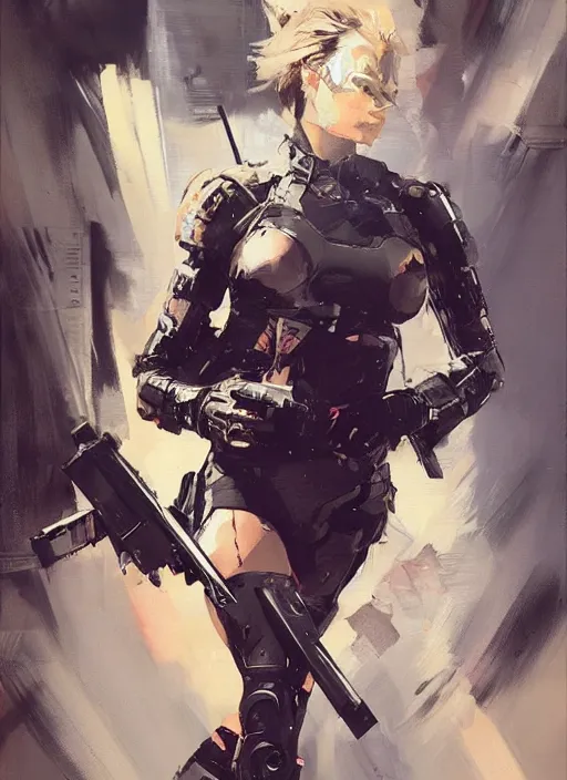 Prompt: Margot Robbie wearing metal gear armor holding gun dramatic lighting art by Yoji Shinkawa by Richard Schmid by greg rutkowski by Sandra Chevrier by Jeremy Lipking cinematic dramatic