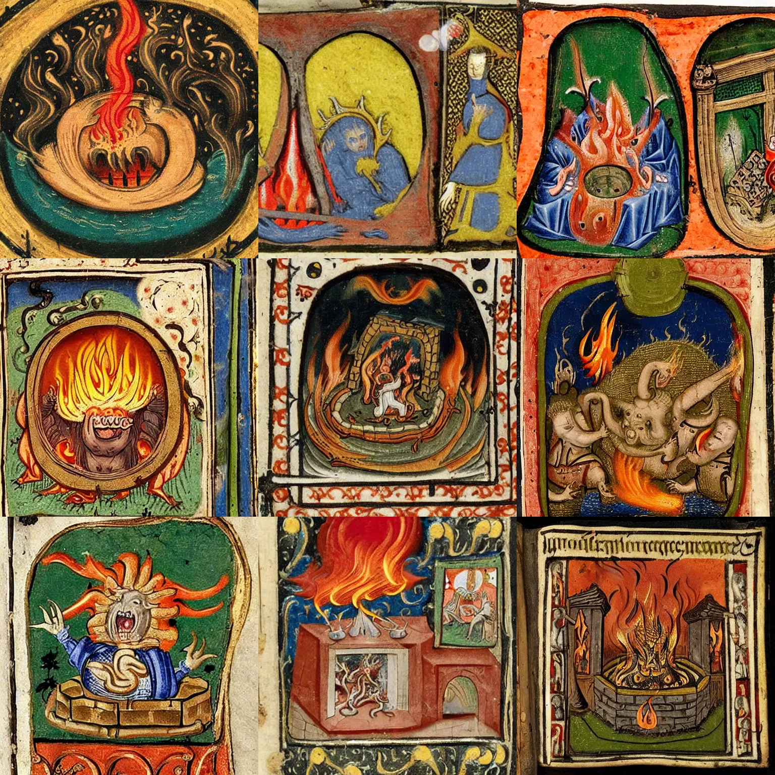 Prompt: a medieval miniature portraying a hell - mouth vomiting fire from the hours of catherine of cleves,