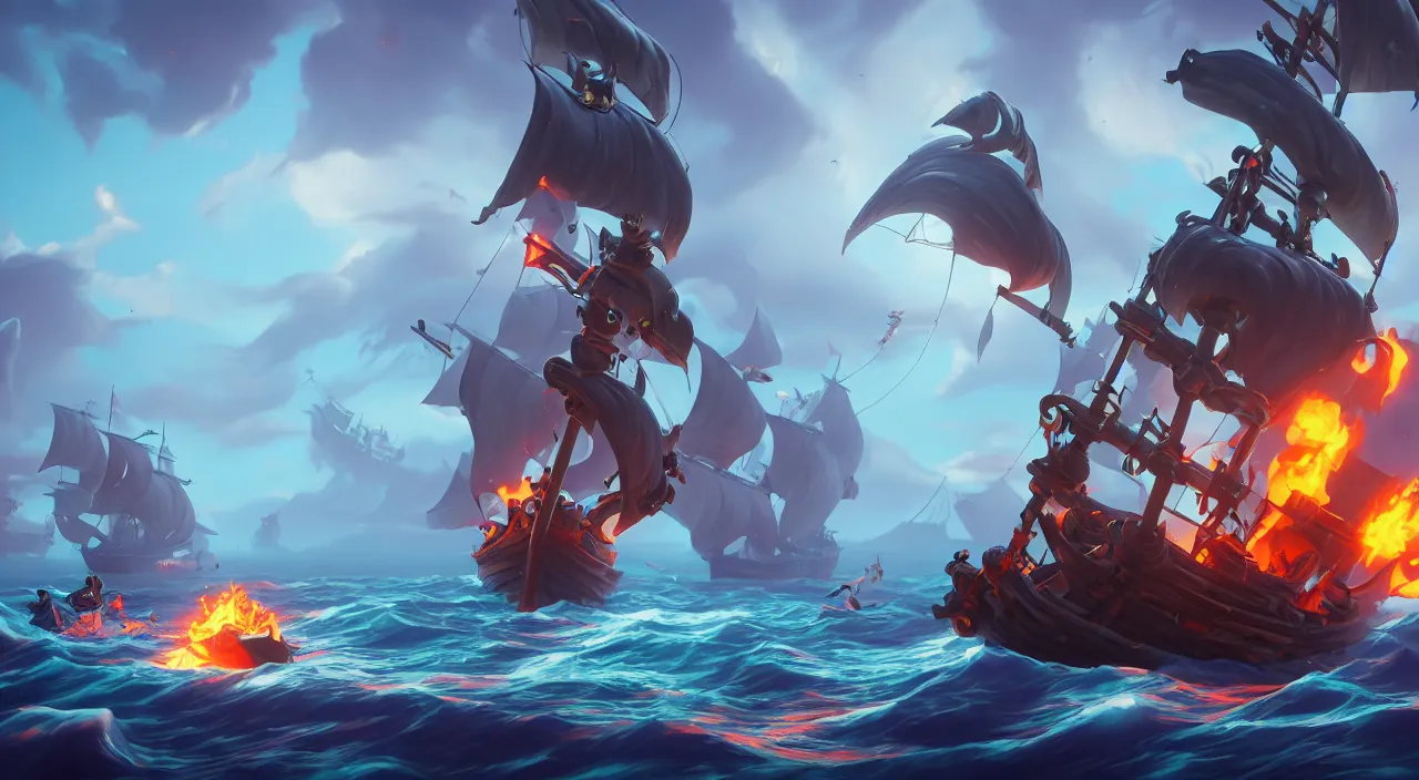 Prompt: a wide shot of a stylized 3D CGI fortnite pirate ghost ship with the black Jolly Roger flag, battling other ship in the ocean, fantasy art overwatch and heartstone, by RHADS, cgsociety, artstation hq, octane render, 8k,