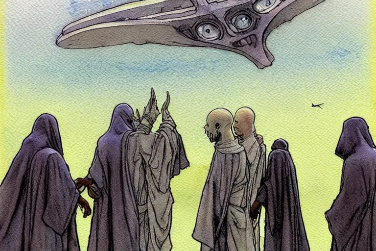 Image similar to a realistic and atmospheric watercolour fantasy character concept art portrait of a dirty chibi alien greeting a group of medieval monks in grey robes in stonehenge. a ufo is in the sky. by rebecca guay, michael kaluta, charles vess and jean moebius giraud