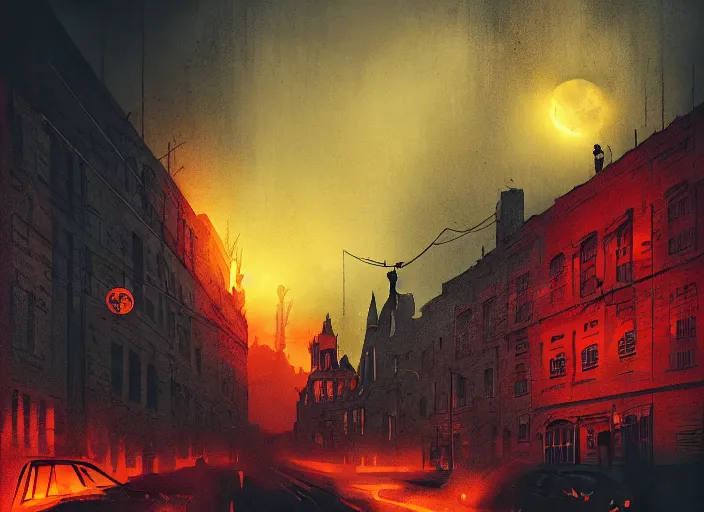 Prompt: editorial illustration by Karolis Strautniekas and Mads Berg, colorful, city of the lost,sky on fire,black moon, fine texture, detailed, matte colors, film noir, dramatic lighting, dynamic composition, moody, vivid, volumetric