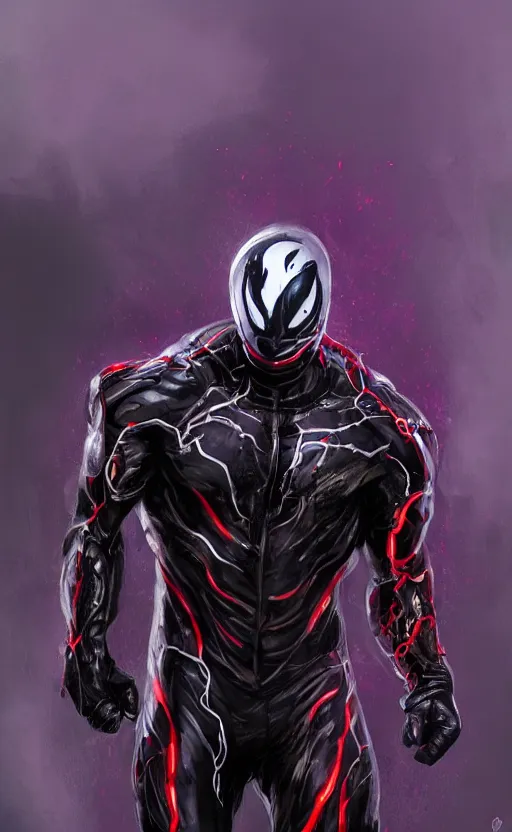 Image similar to venom in a venom inspired ironman suit, purple, black and red, dynamic lighting, photorealistic fantasy concept art, trending on art station, stunning visuals, terrifying, creative, cinematic