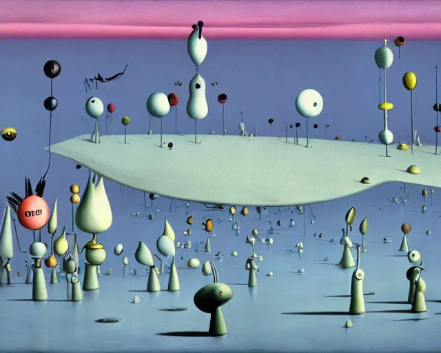 Prompt: yves tanguy art. a still from totoro, re imagined in the style of yves tanguy. surrealism, dadaism, ghibli