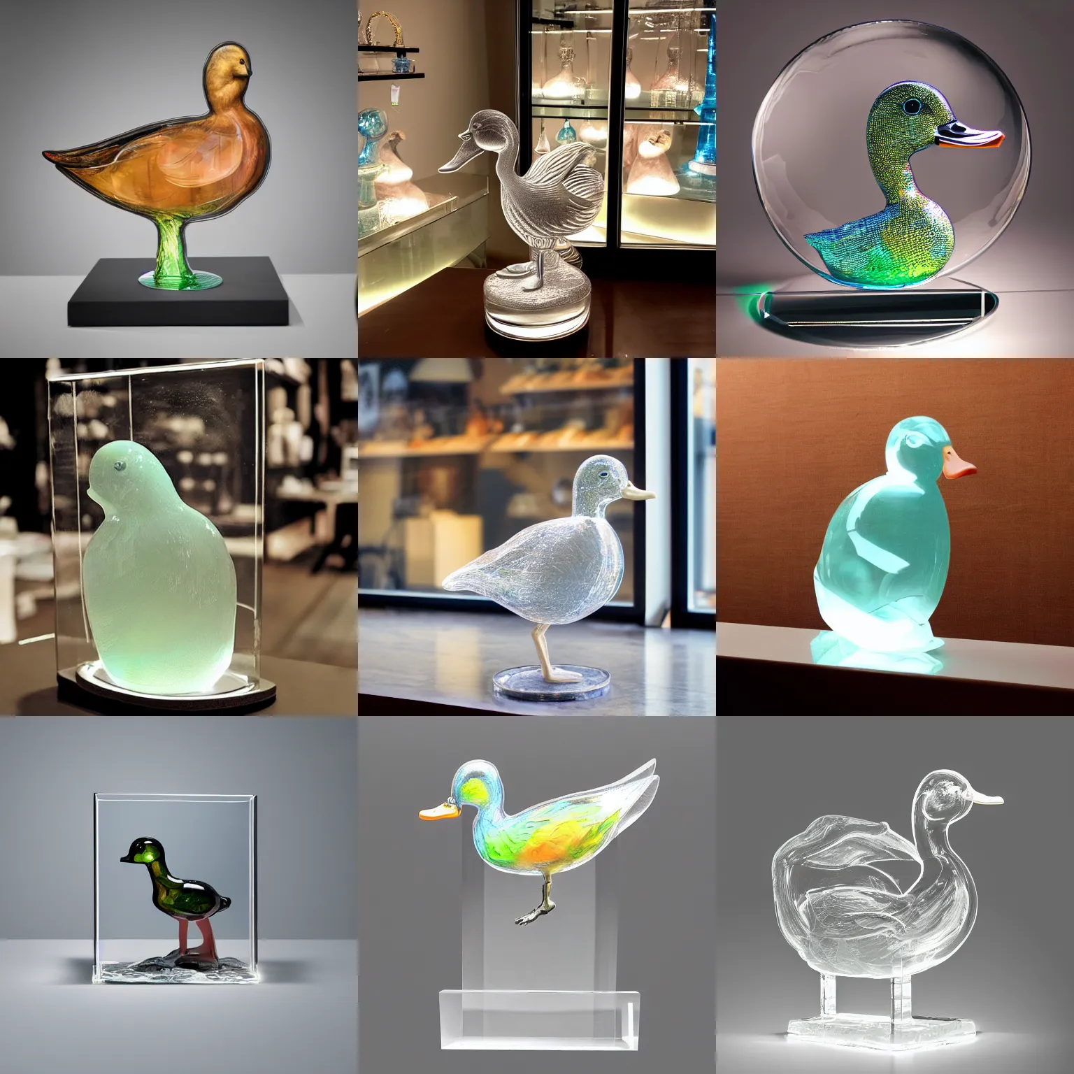 Prompt: portrait of a transparent sculpture of a duck made out of glass on the table of a store, fantasy, trending on artstation