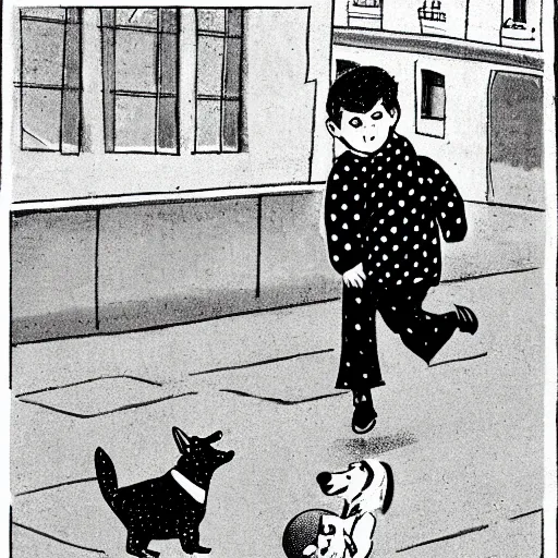 Image similar to illustration of french boy on the streets of paris playing football against a corgi, the dog is wearing a polka dot scarf, comic, 1 9 6 3