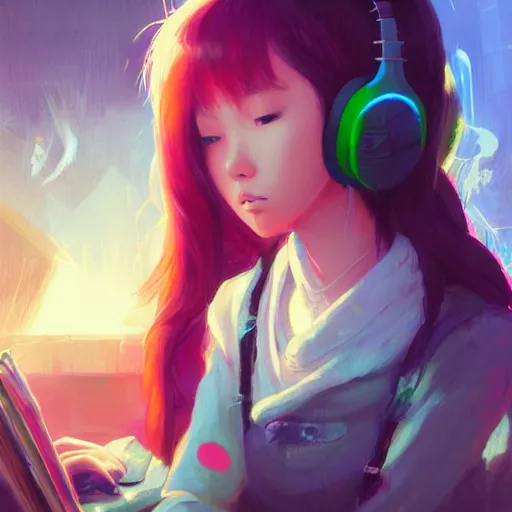 Image similar to lo-fi colorful masterpiece by Ross Tran, WLOP, Dan Mumford, Christophe Vacher, painting, asian girl, with headphones, studyng in bedroom, window with Tokyo view, lo-fi illustration style, by WLOP, by loish, by apofis, alive colors