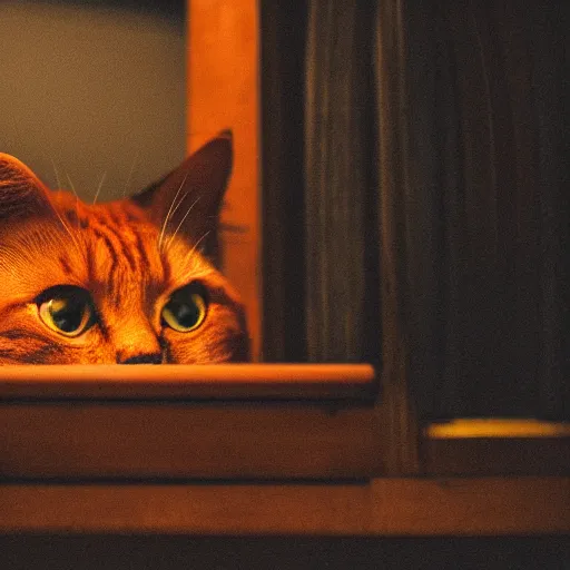 Image similar to an orange cat staring in a table drawer ~ on fire ~ fire ~ high - resolution photo ~