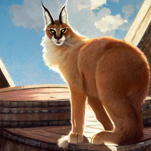 Image similar to a digital art of cute fluffy caracal near a wooden barrel lying at the side, at after noon, ancient greek city, by krenz cushart and mucha and akihito yoshida and greg rutkowski and makoto shinkai, long shot, back lighting, detailed eyes, 4 k resolution, trending on art station